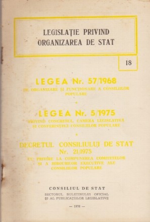 Legislatie privind organizarea de stat. Legea Nr. 57/1968, Legea Nr. 5/1975, Decretul Consiliului de Stat Nr. 21/1975